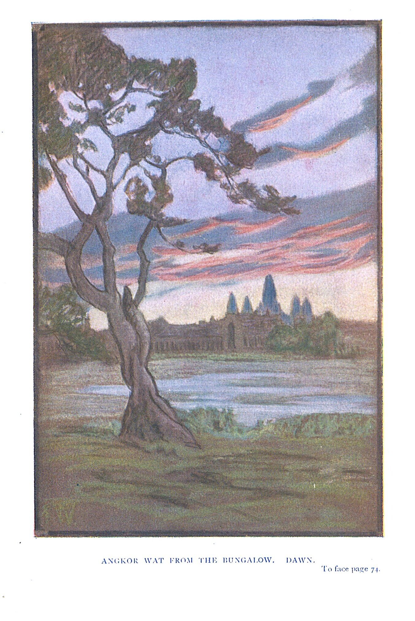 Angkor Wat at dawn seen from the Bungalow d'Angkor in 1928. Pastel.